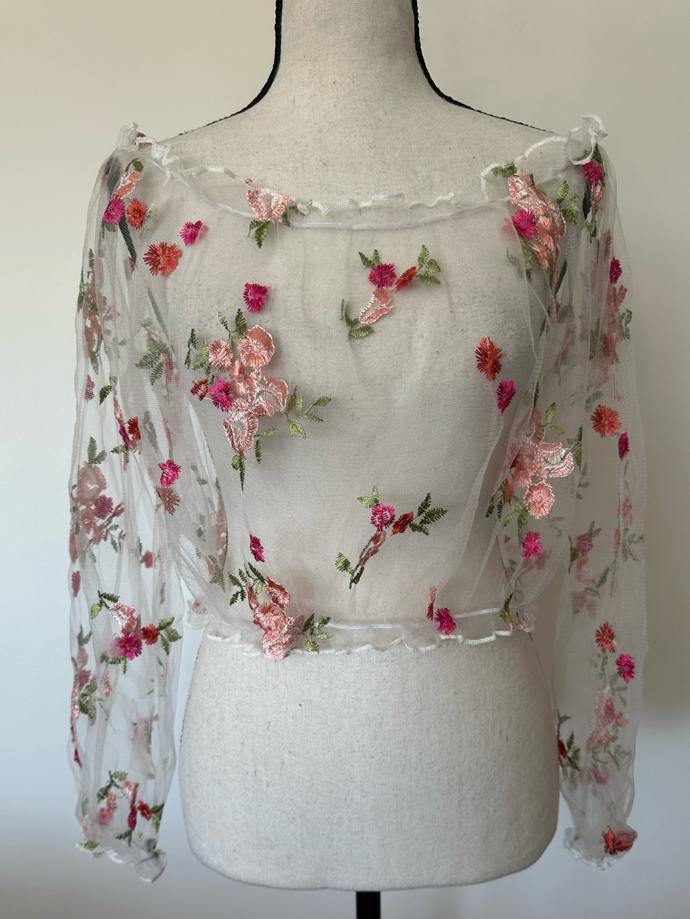 Floral Embroidered Sheer Mesh Off-Shoulder Crop Top Fairycore Cottagecore XL - Picture 2 of 10